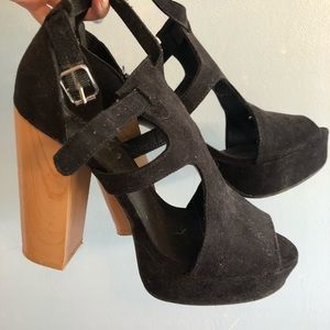 Black Suede Heels with Wooden Block Heel